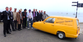 Yellow Reliant Robin on Swanage Sea Front with Only Fools and Horses themed Stag Do